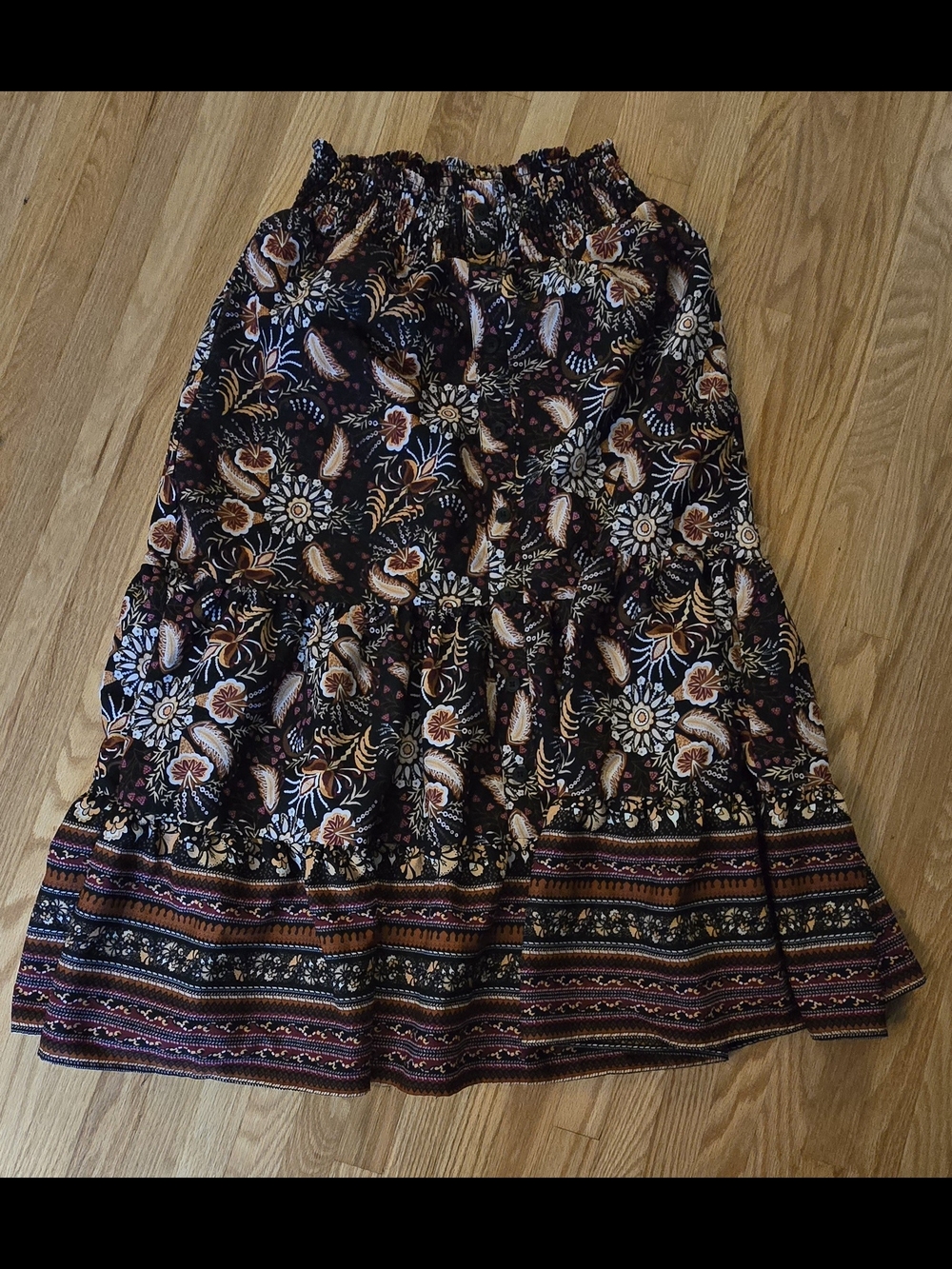 cleo Floral Tiered Maxi Skirt in Black, Brown and Cream